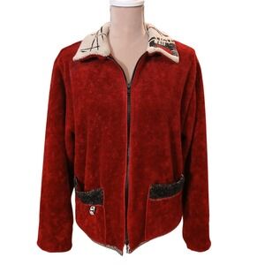 Vtg SL Fashions Fleece Jacket Embroidered Collar Full Zip Pockets Women's Small